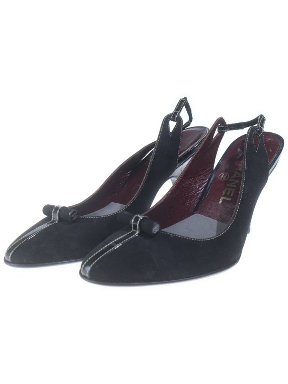 Chanel CC Logo Suede Leather Heels Slingback Pumps Shoes Black